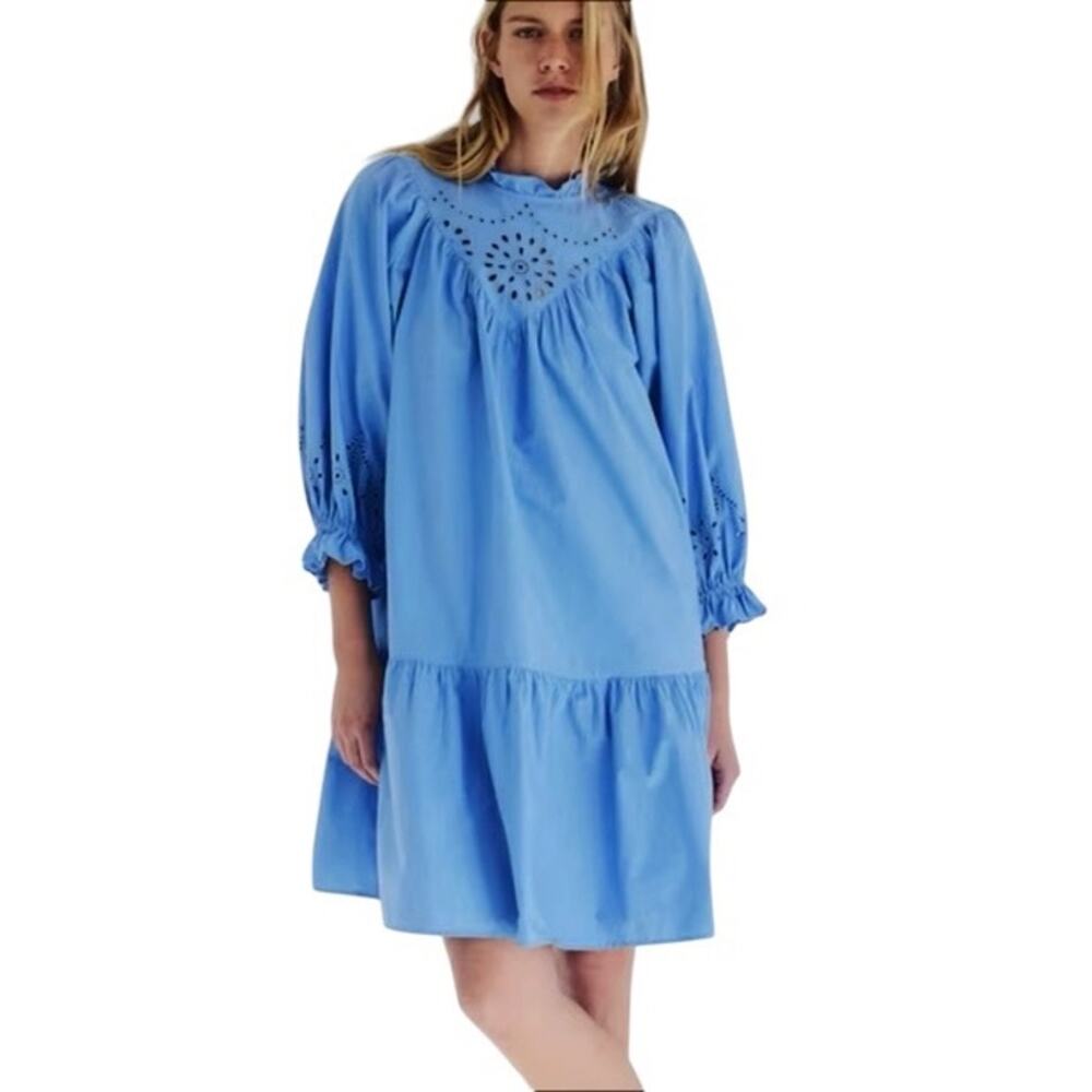 H&M Light Blue Cotton Eyelet Embroidered Boho Dress Size Large